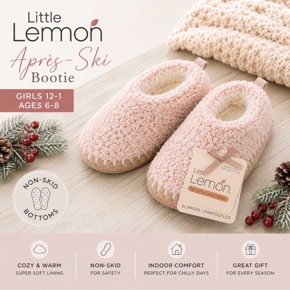 NWT Little Lemon Girls Apres Ski Bootie Slippers Pink 12-1 Non-Skid